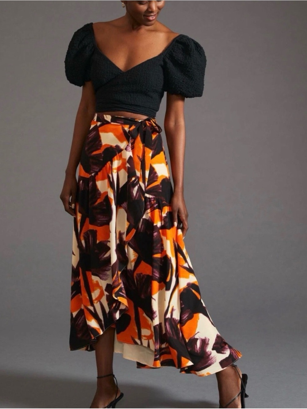 EUC Anthropoligie Hutch Purple & Orange Floral Motif Wrap Maxi Skirt Size Small